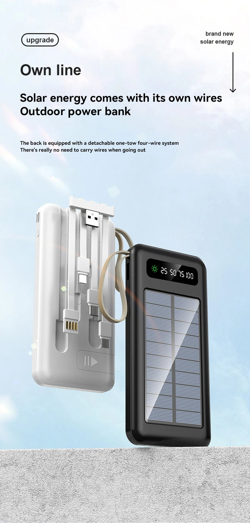 بنك طاقة شمسي بسعة 50000 مللي أمبير، بطارية شحن سريع، كابلان USB 4، شاشة عرض رقمية LED، متوافق مع أجهزة iPhone