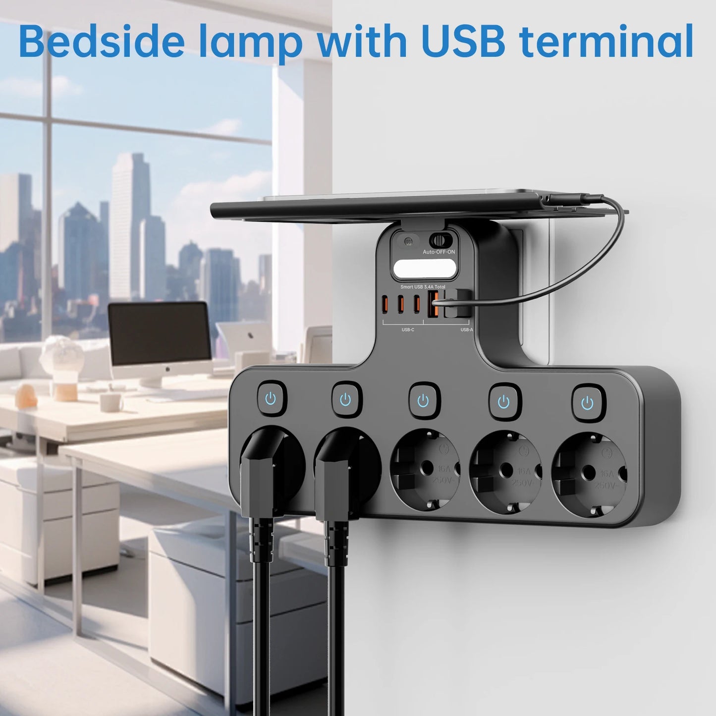4000W European Standard Outlet Wall Mounted Smart Night Light Independent Switch Eu Plug Power Strip with USB C Ports Charging