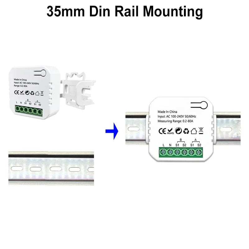 Tuya Smart Life WiFi Energy Meter 80A 1/2 Channel with Clamp App Monitor Solar Export and Import Power AC100V/240V