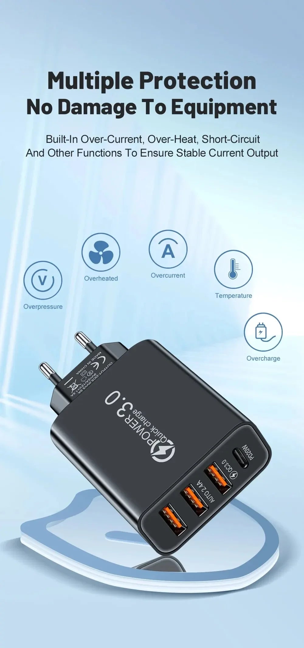 شاحن USB-C متعدد المنافذ بقدرة 60 واط، مزود بـ 4 منافذ، منها 3 منافذ USB PD، يدعم الشحن السريع، وشاحن جداري عالمي للسفر.
