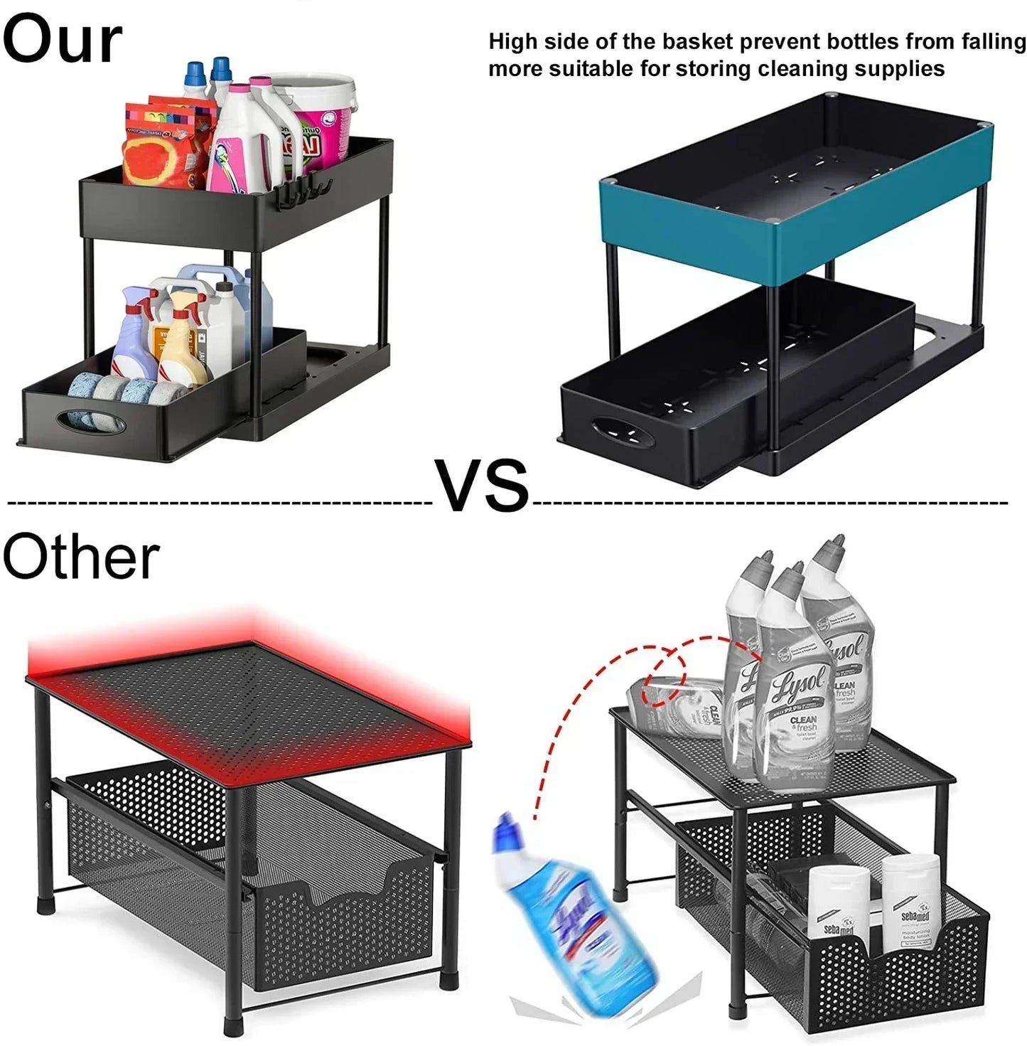 New 2 Tier Under Sink Organizer Sliding Cabinet Basket Organizer Storage Rack with Hooks Hanging Cup Bathroom Kitchen Organizer