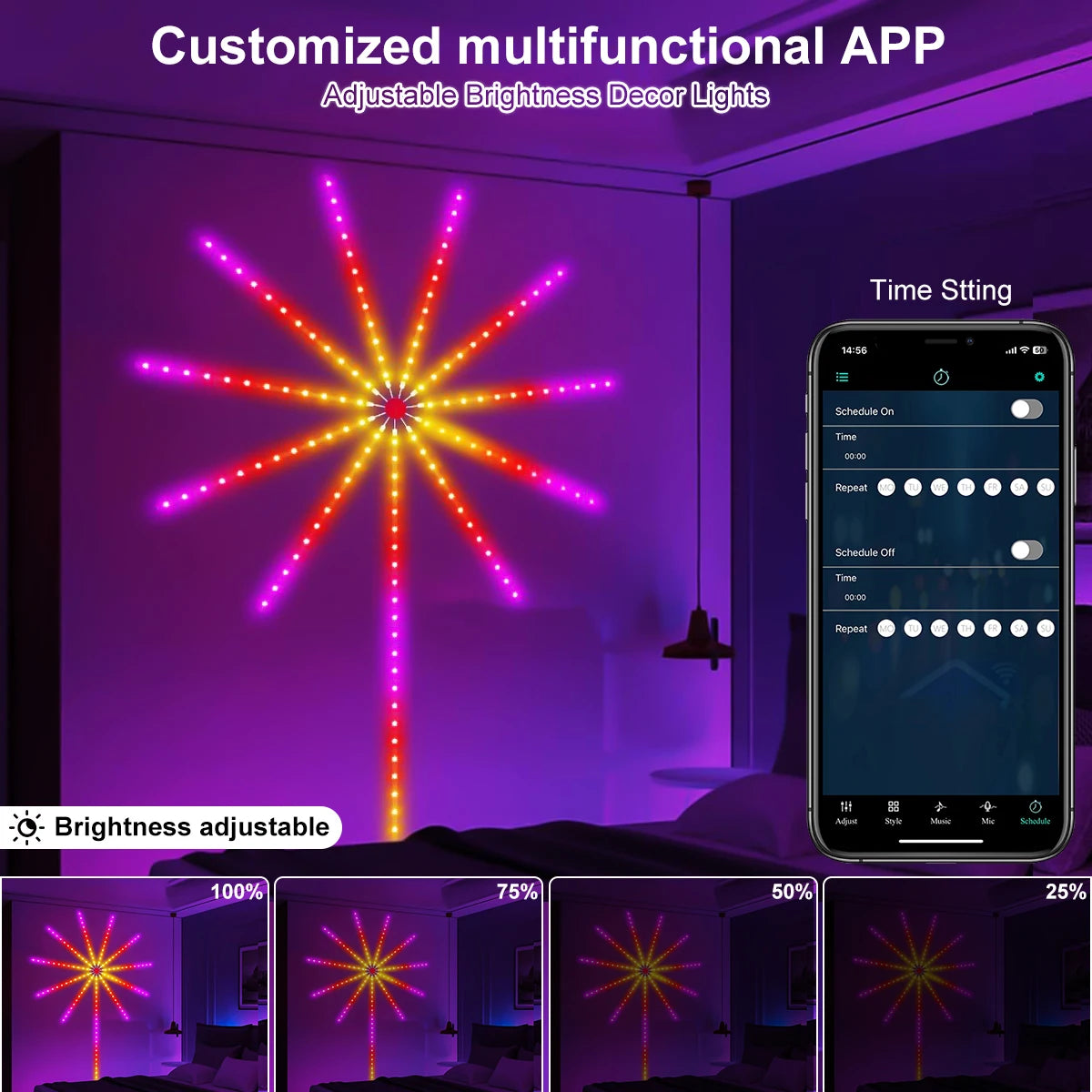 USB LED Smart Fireworks Lights Indoor Outdoor Sparkler Lights Remote & App Control Music Sync Wall Lamp For Room Party DIY Decor