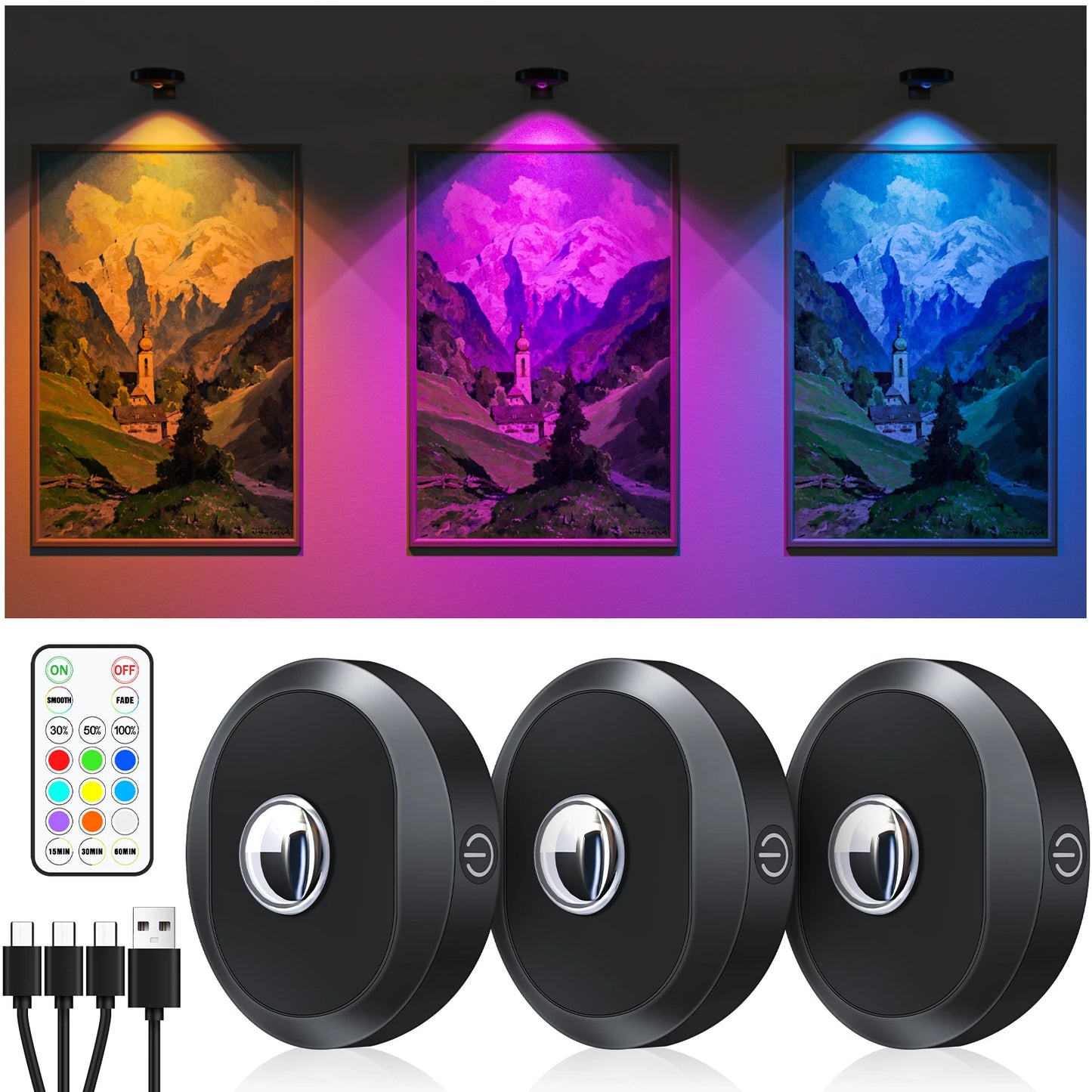 WILLED Night Light 3pcs with Remote 1200mAh Rechargeable Puck light with Timer Stick on Picture Lights for Wall Closet Cabinet