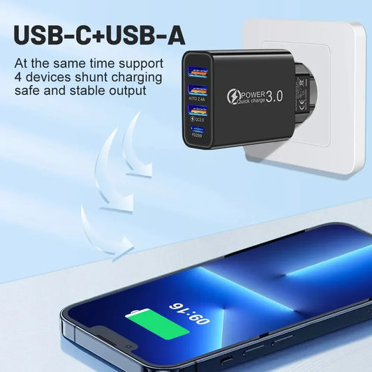 Total 60W USB C Charger Multi 4 Ports 3USB PD Type C Fast Charging Quick Charge Universal Travel Wall Power Adapter