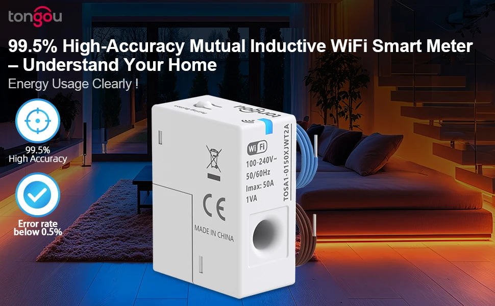 Tuya Smart WiFi Energy Meter – 1-50A Real-Time Power & Energy Monitoring, Home Assistant Compatible TONGOU