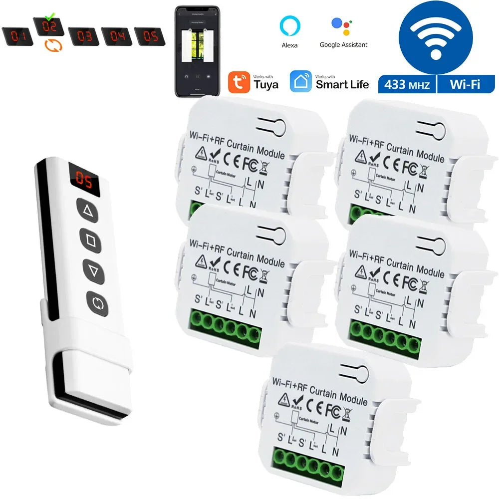 Smart WiFi RF Curtain Switch Module Wireless 433MHz 5 in 1 Remote Controller,110V 220V 240V for Roller Shutter Garage Tuya Alexa