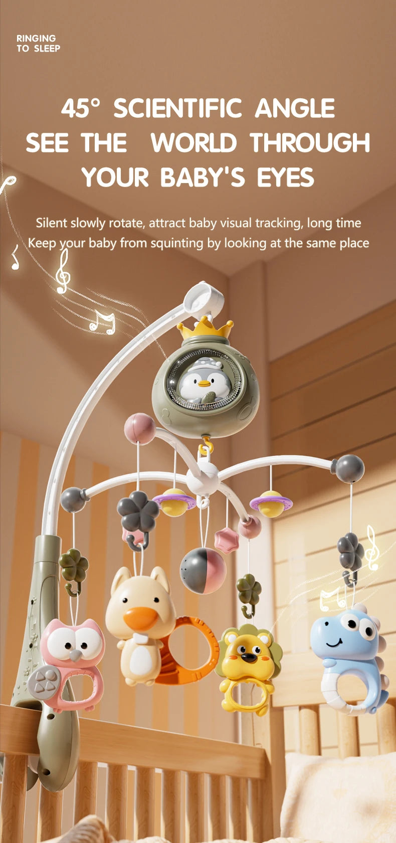 Baby Crib Bell Toys Musical Baby Crib Mobile with Lights Projection for 0-12Months Infants Crib Toys Bed Bell Toy Newborn Gifts
