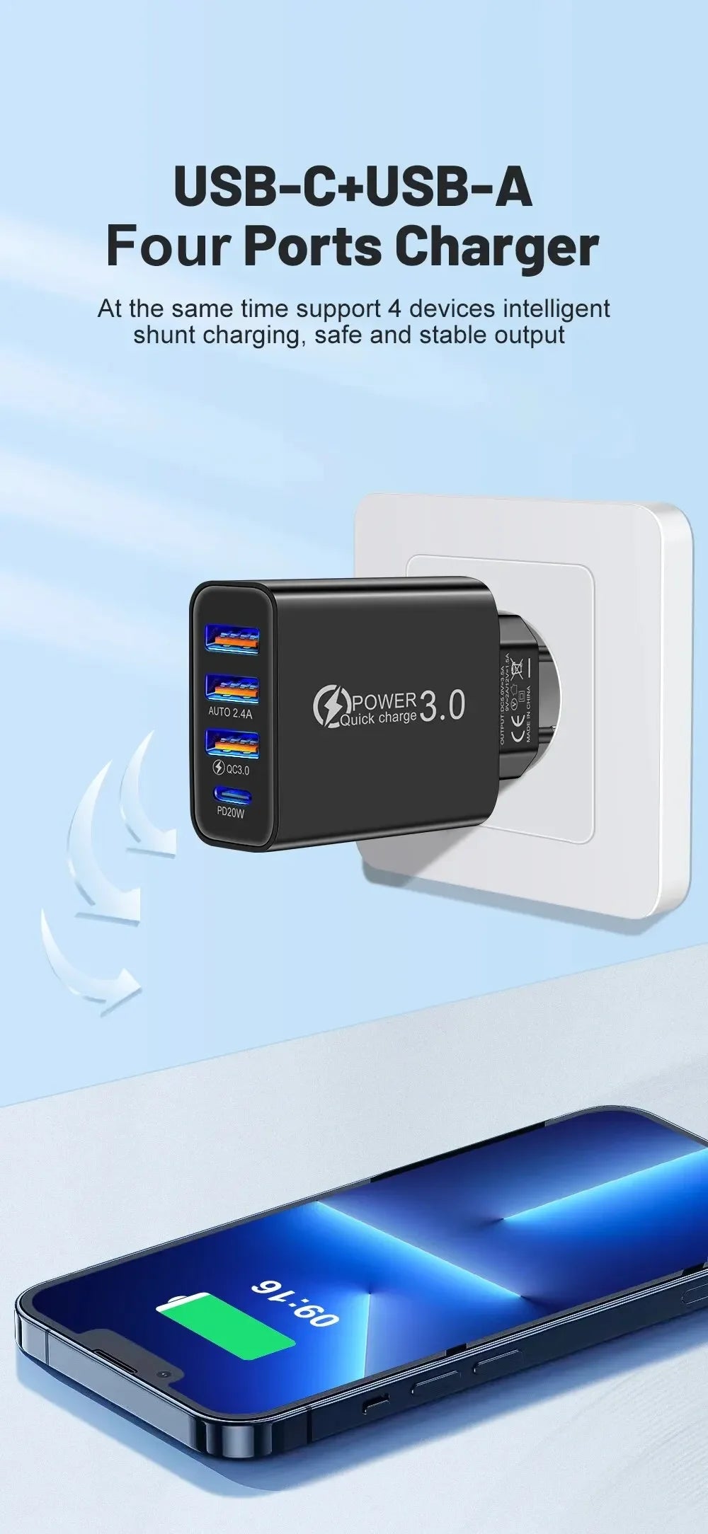 شاحن USB-C متعدد المنافذ بقدرة 60 واط، مزود بـ 4 منافذ، منها 3 منافذ USB PD، يدعم الشحن السريع، وشاحن جداري عالمي للسفر.