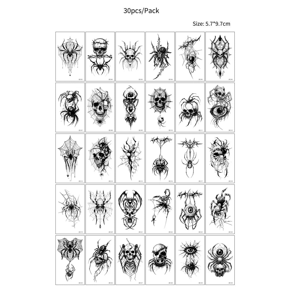 30pcs Waterproof Spider Tattoo Stickers Realistic Skull Temporary Tattoos for Halloween Party NecK Face Body Decor Fake Tattoo
