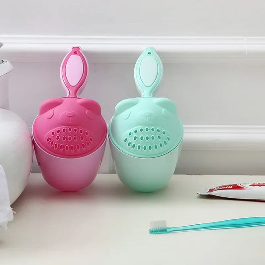 Baby Bath Cup with Handle–Cartoon Bear Shampoo Scoop & Water Spoon for Newborn Bathing, Infant Shower Wash Tool BPA-Free Plastic