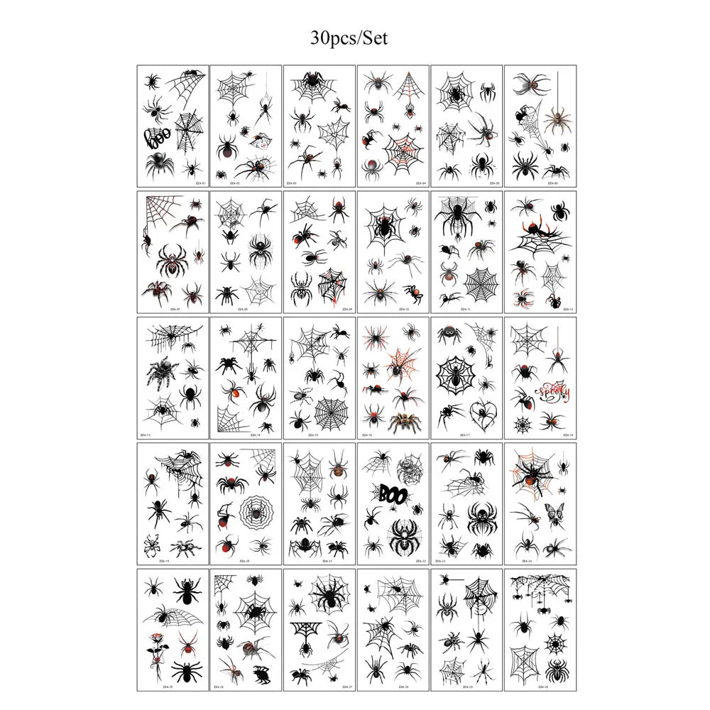 30pcs Waterproof Spider Tattoo Stickers Realistic Skull Temporary Tattoos for Halloween Party NecK Face Body Decor Fake Tattoo