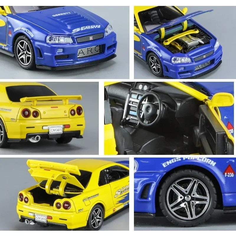 1:32 GTR R34 Skyline Fast & Furious Alloy Car Model Sound and Light Pull Back Children's Toy Collectibles Birthday Gifts
