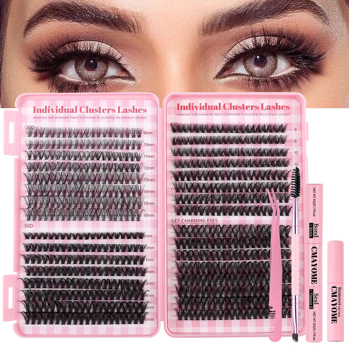 640 luxury eyelash extension kit with D-curled single eyelashes, eyelash clusters, eyelash bonding and sealing, and tweezers - a