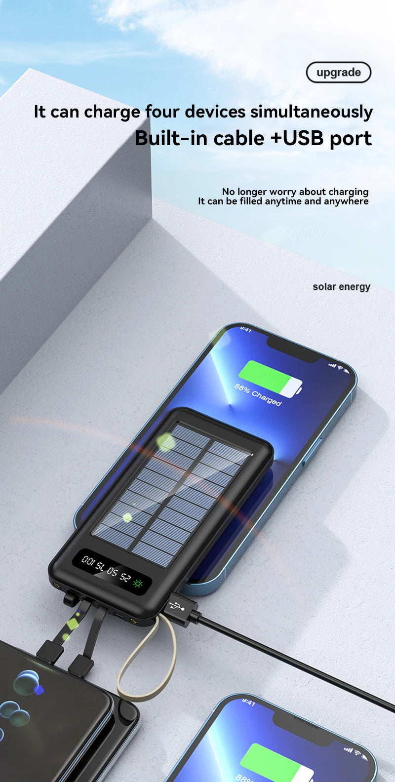 بنك طاقة شمسي بسعة 50000 مللي أمبير، بطارية شحن سريع، كابلان USB 4، شاشة عرض رقمية LED، متوافق مع أجهزة iPhone