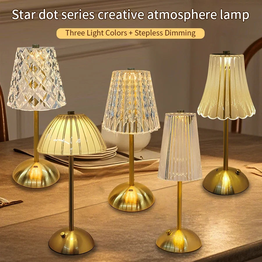 Crystal LED Table Lamp Touch Sensor Desktop Night Light Rechargeable Reading Lamp for Bedroom Bedside Hotel Bar Decor Dimmable