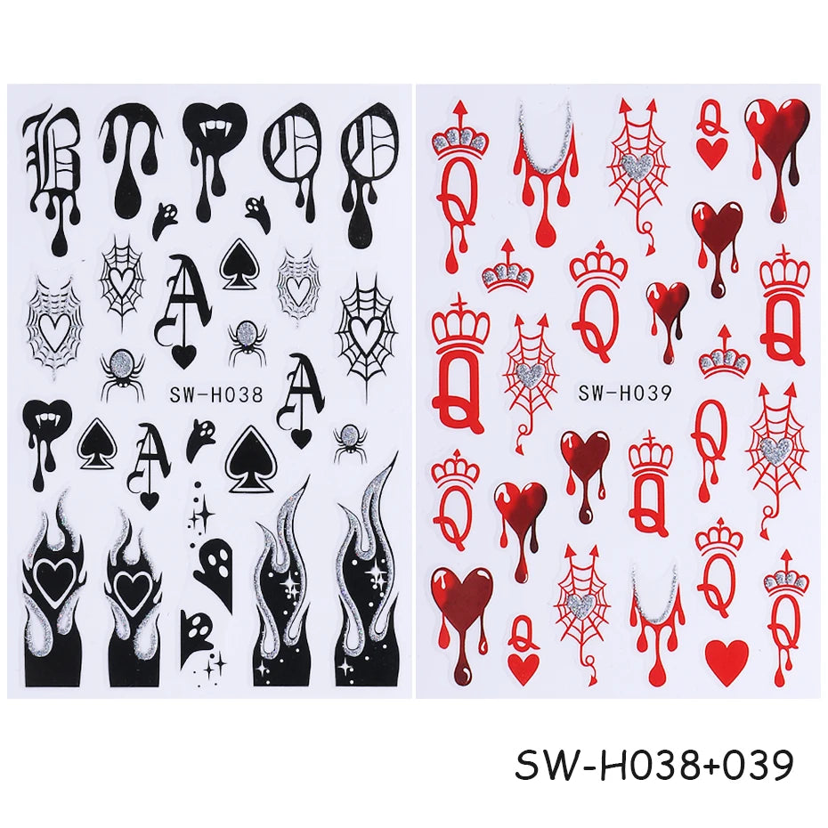 2pcs Gothic Style Halloween Nail Stickers 3D Black Red Heart Spider Web Crown Adhesive Nail Decals Sliders Manicure Decoration