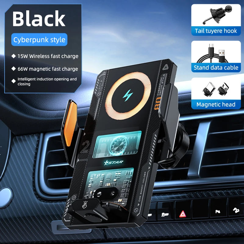 Car Phone Mount With Wireless Charger 66W Magnetic Charging Holder Car Automatic Clamping Stand With Decorative Mood Lighting