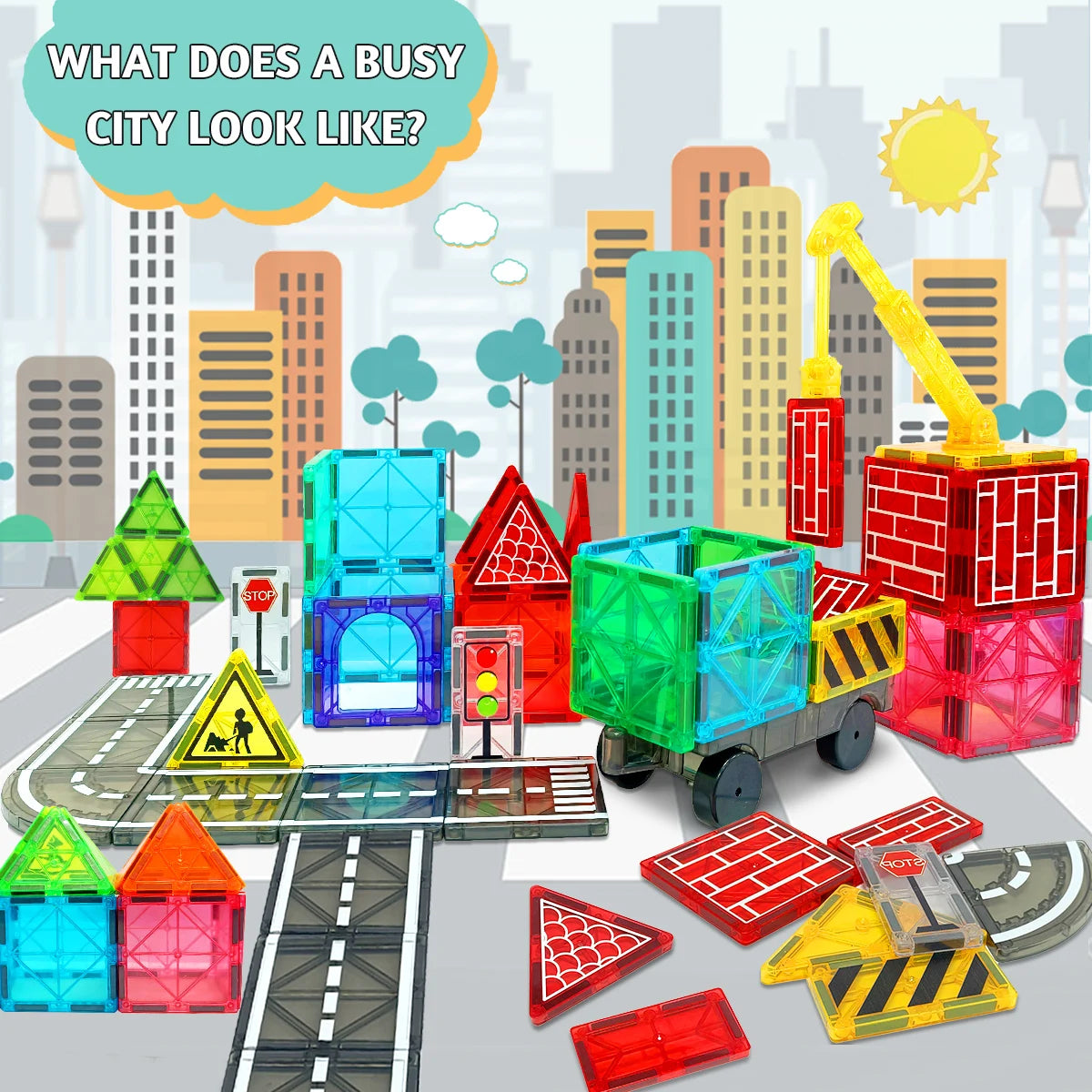 Magnetic Road Set With Car Toys For Kids Boys Girls Magnet Building Blocks Construction Toys Birthday Gifts For Toddlers