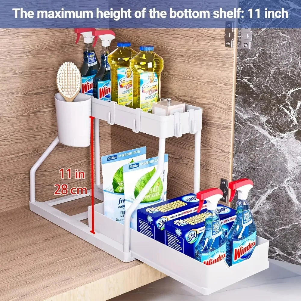 2 Tier Slide Out Under Sink Organizer with Hooks Large Capacity Space Saving Storage Rack for Kitchen Bathroom Cabinet Durable