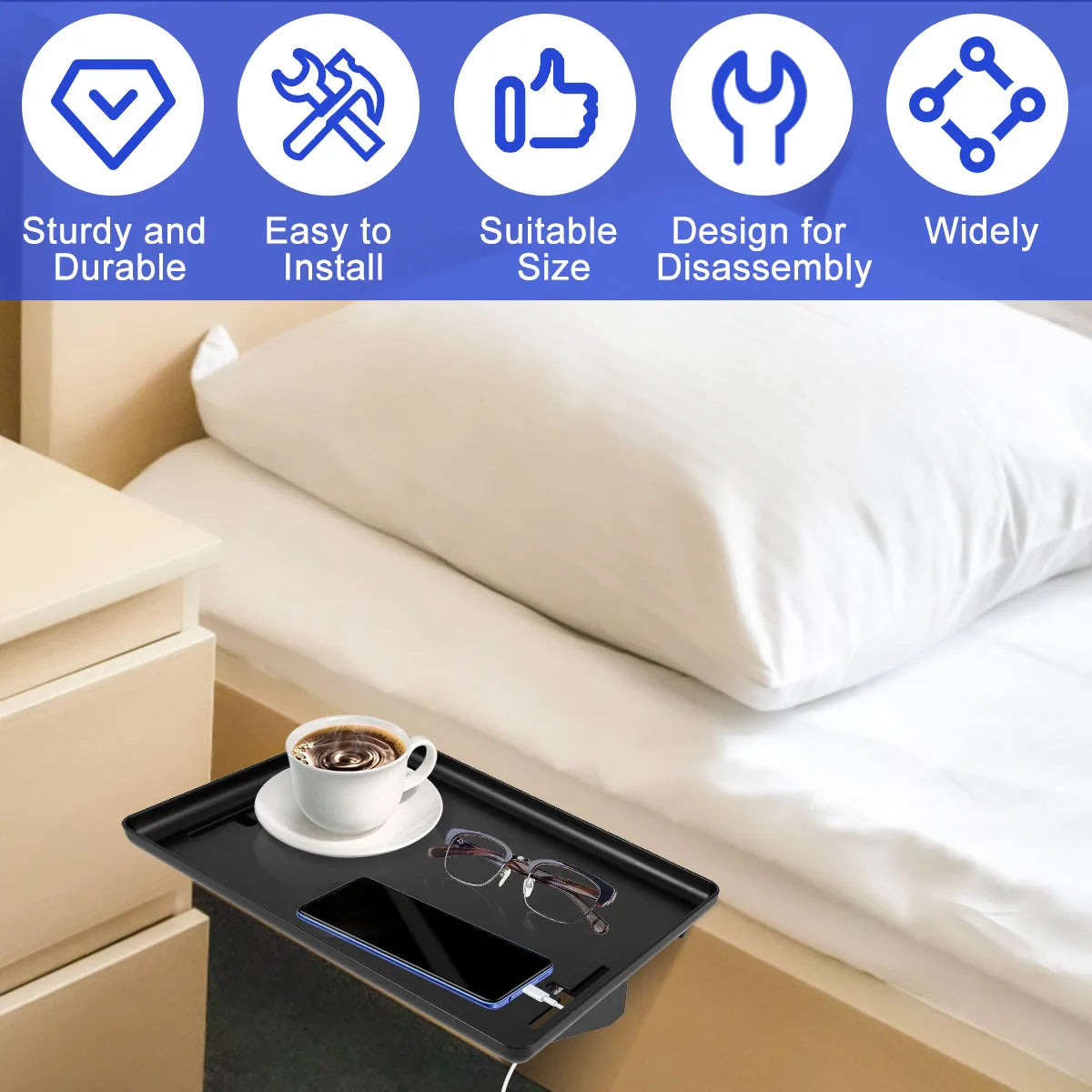 Bedside Storage Tray Clip-on Bedside Shelf Detachable Heavy-Duty Bedside Storage Tray Multifunctional Bedside Shelf Space Saving