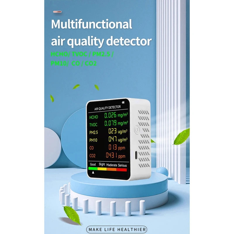 جهاز قياس جودة الهواء 6 في 1: PM2.5، PM10، HCHO، TVOC، CO، CO2، CO2، جهاز مراقبة جودة الهواء، جهاز اختبار جودة الهواء للمنزل والمكتب