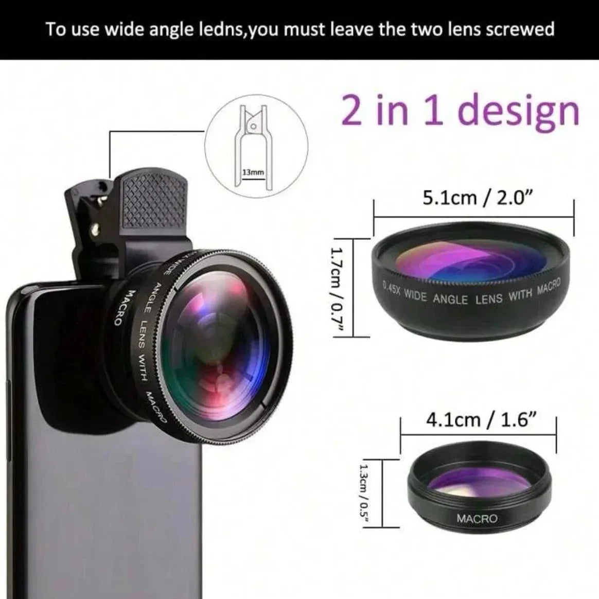 2 In 1 Clip On Phone Lens Kit 37mm 0 45X Super Wide Angle Macro HD Camera Lens for Mobile Phones