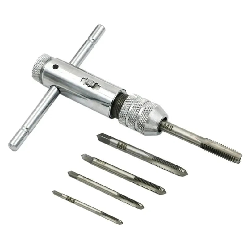Ratchet Wrench Adjustable T-Handle Holder Tap with  M3-M8 Machine Screw Thread Metric Plug T-shaped Drill Set Workshop Hand Tool
