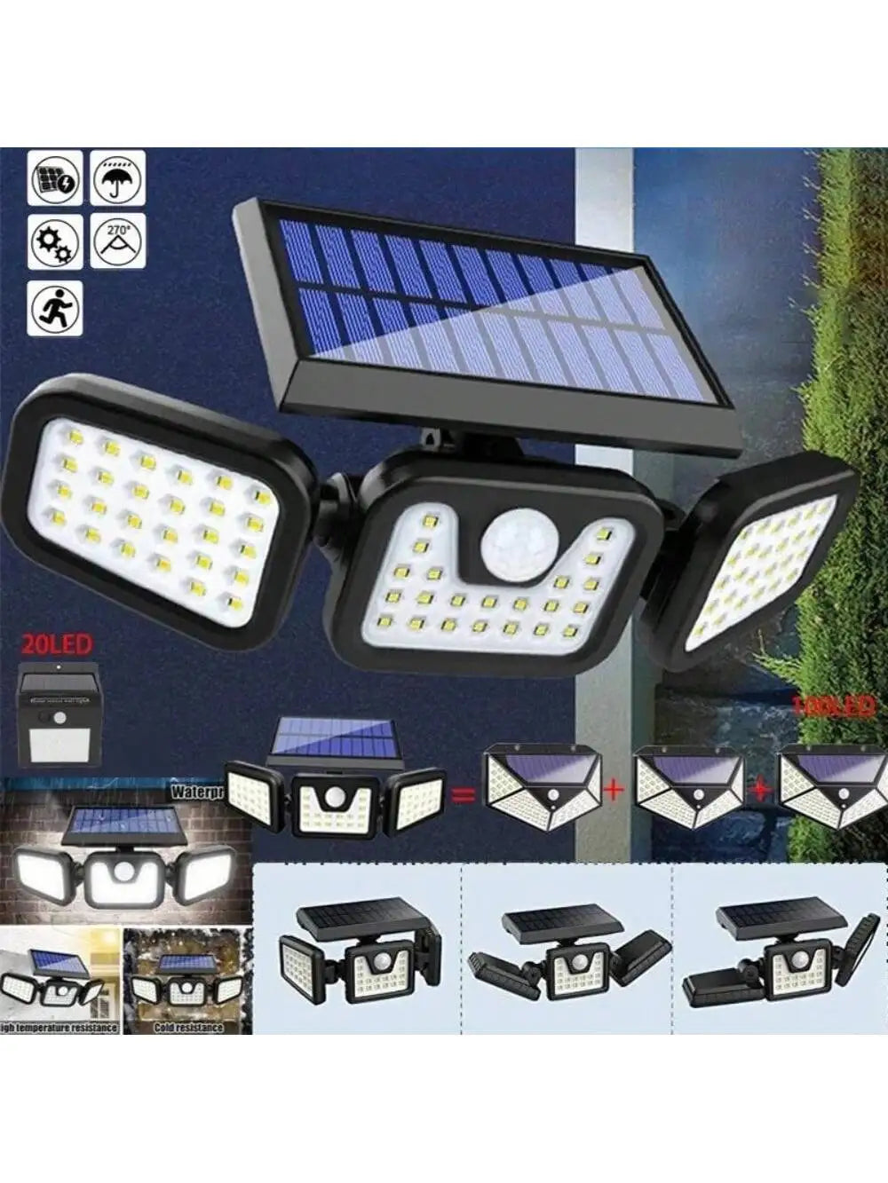 2025 Upgraded Solar Security Lights Outdoor 270° Human Detection&3-Heads Adjustable IP65 Waterproof Motion Sensor Flood Light fo