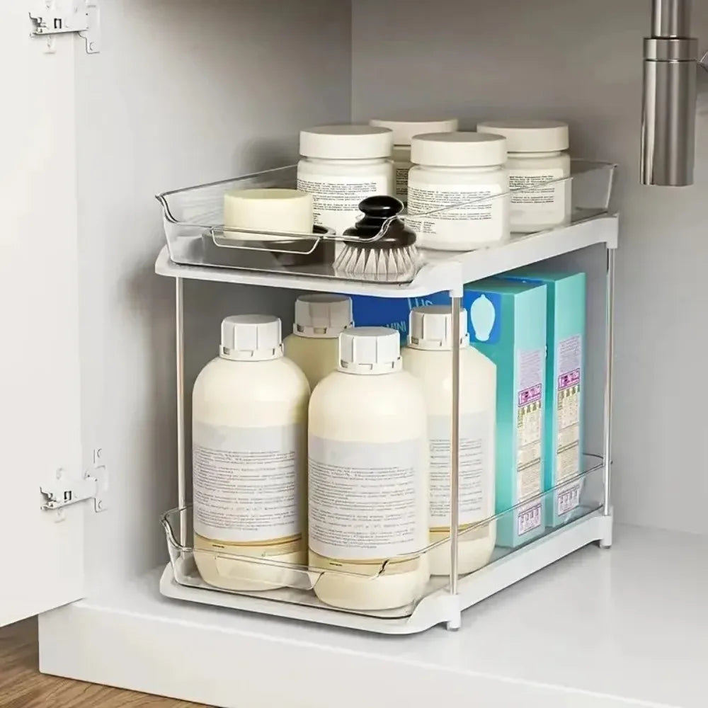 2-Tier Pull Out Under Sink Storage Shelf - Multi-Purpose Organizer for Bathroom Cabinet & Kitchen Pantry