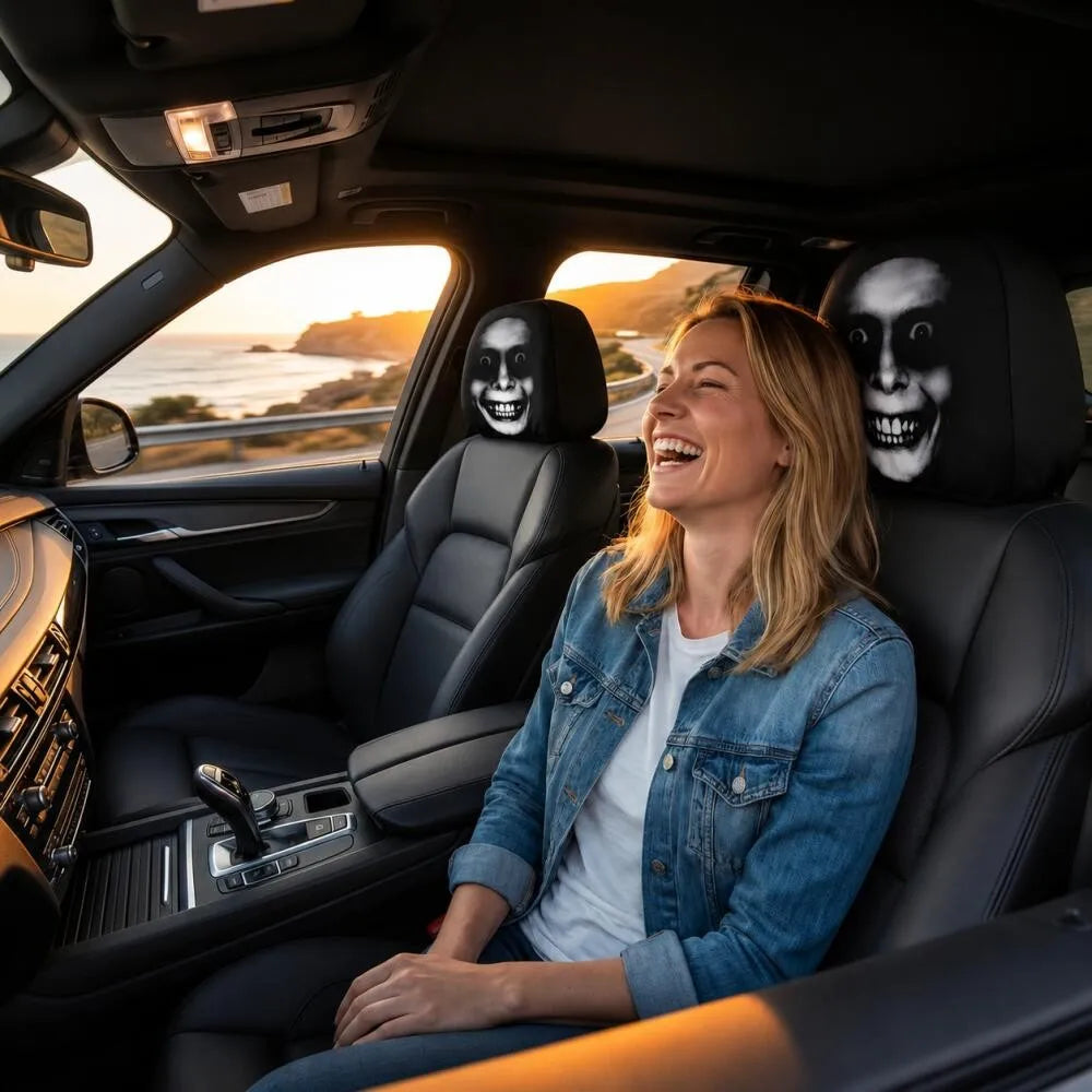 2PCS Scary Smile Face Car Headrest Covers Horror Grinning Print Black Auto Headrest Protector Universal Halloween Decor