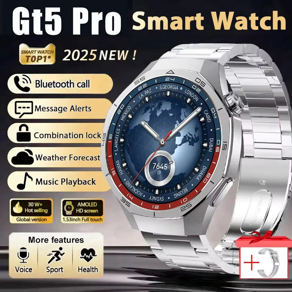 ساعة GT5 Pro الذكية الجديدة للرجال، إصدار 2025، مزودة بنظام تحديد المواقع العالمي (GPS)، وشاشة AMOLED بزاوية 360 درجة، وتقنية NFC، وبلوتوث لإجراء المكالمات، ومقاومة للماء، وميزة مراقبة الصحة، متوافقة مع نظام iOS.