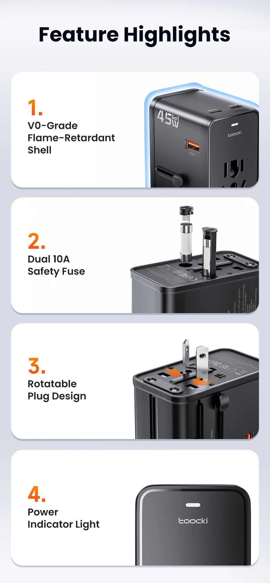 Toocki GaN Universal Travel Adapter With 3C1A 45W Fast Charging 2500W Max All-in-one Travel Charger EU/UK/USA/AUS Plug For Trave