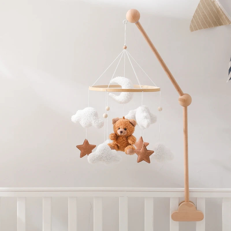 Baby Crib Mobile Rattle Toy 0-12Months Infant Soft Felt mobile Teddy Velvet Bear Bed Bell Hanging Toy Holder Bracket Crib Toy