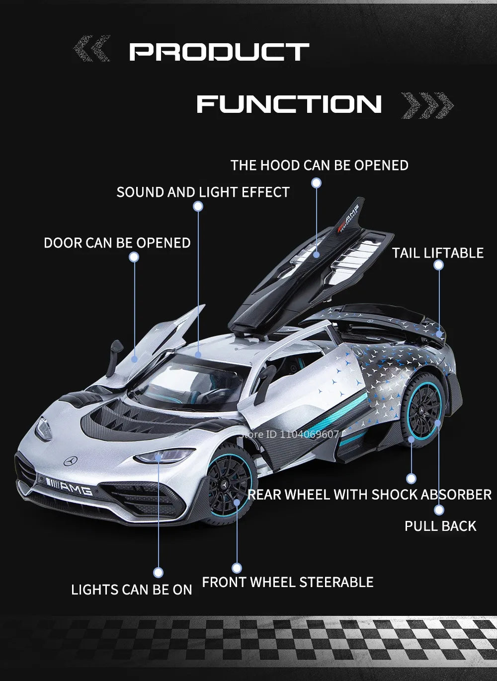 Scale 1:24 ONE Sports Car Model Toy Modified Metal Diecast Free Wheeling Vehicles Simulation Sound & Light Gift for Children