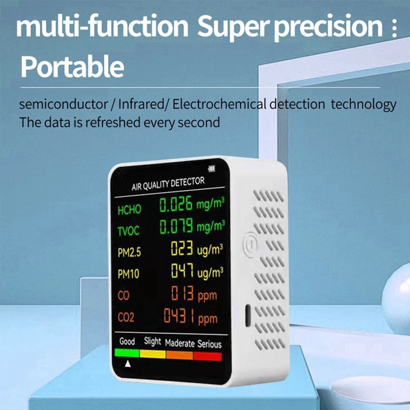 جهاز قياس جودة الهواء 6 في 1: PM2.5، PM10، HCHO، TVOC، CO، CO2، CO2، جهاز مراقبة جودة الهواء، جهاز اختبار جودة الهواء للمنزل والمكتب