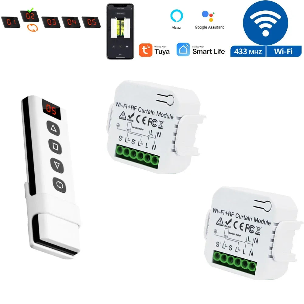 Smart WiFi RF Curtain Switch Module Wireless 433MHz 5 in 1 Remote Controller,110V 220V 240V for Roller Shutter Garage Tuya Alexa