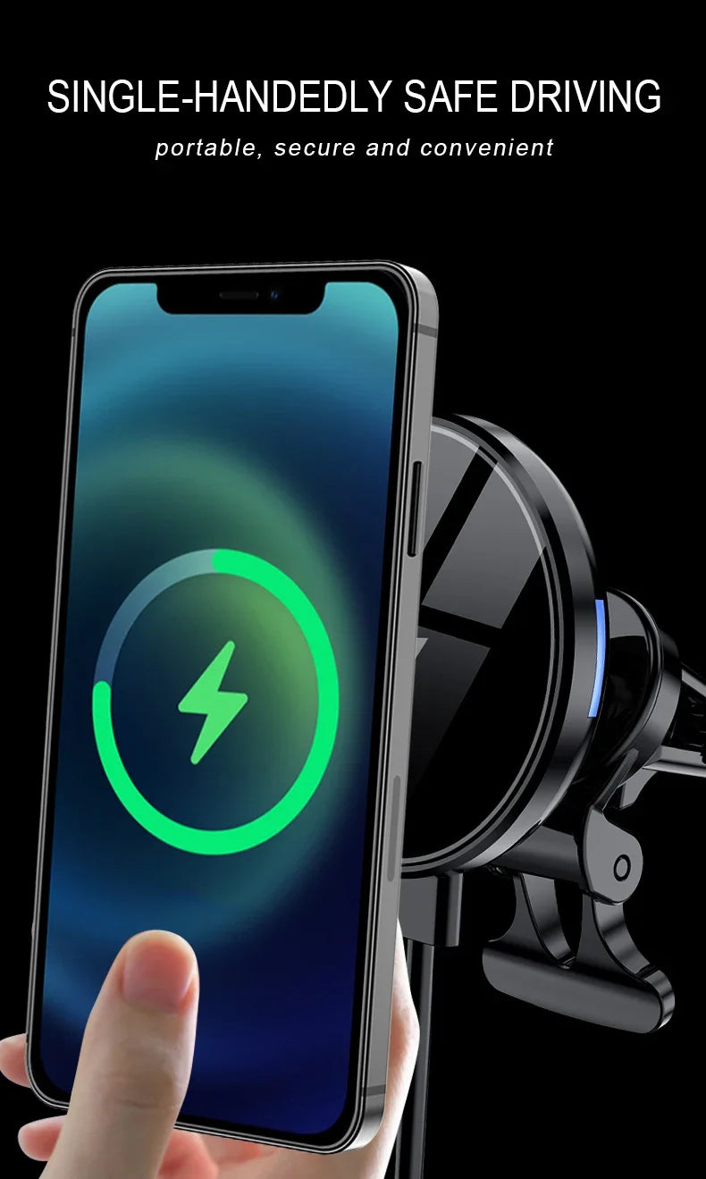 حامل شحن لاسلكي مغناطيسي للسيارة لأجهزة iPhone 12 و13 و14 و15 Pro Max، حامل هاتف صغير للسيارة يُثبّت على فتحة التهوية، محطة شحن سريع