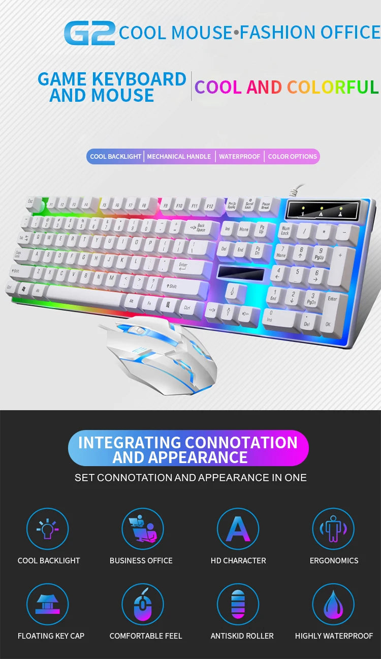 Игровой комплект: клавиатура и мышь с RGB-подсветкой, 104 клавиши, проводная клавиатура и мышь для ноутбука, настольного ПК, планшета.
