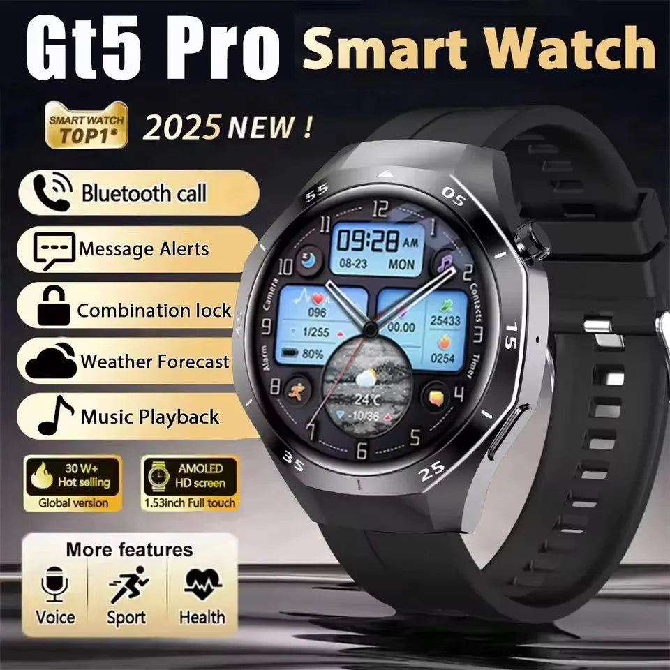 ساعة GT5 Pro الذكية الجديدة للرجال، إصدار 2025، مزودة بنظام تحديد المواقع العالمي (GPS)، وشاشة AMOLED بزاوية 360 درجة، وتقنية NFC، وبلوتوث لإجراء المكالمات، ومقاومة للماء، وميزة مراقبة الصحة، متوافقة مع نظام iOS.