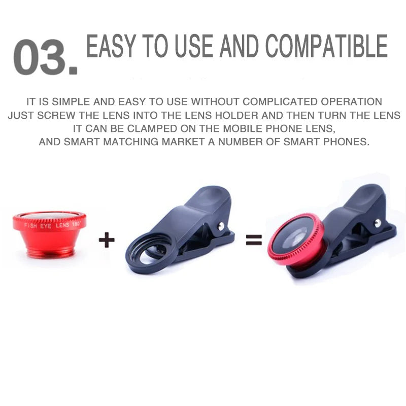 Universal 3in1 Fisheye Wide Angle Micro Camera Lens For iPhone Xiaomi Redmi Zoom Fish Eye Len on Smartphone Lenses Phone Clip