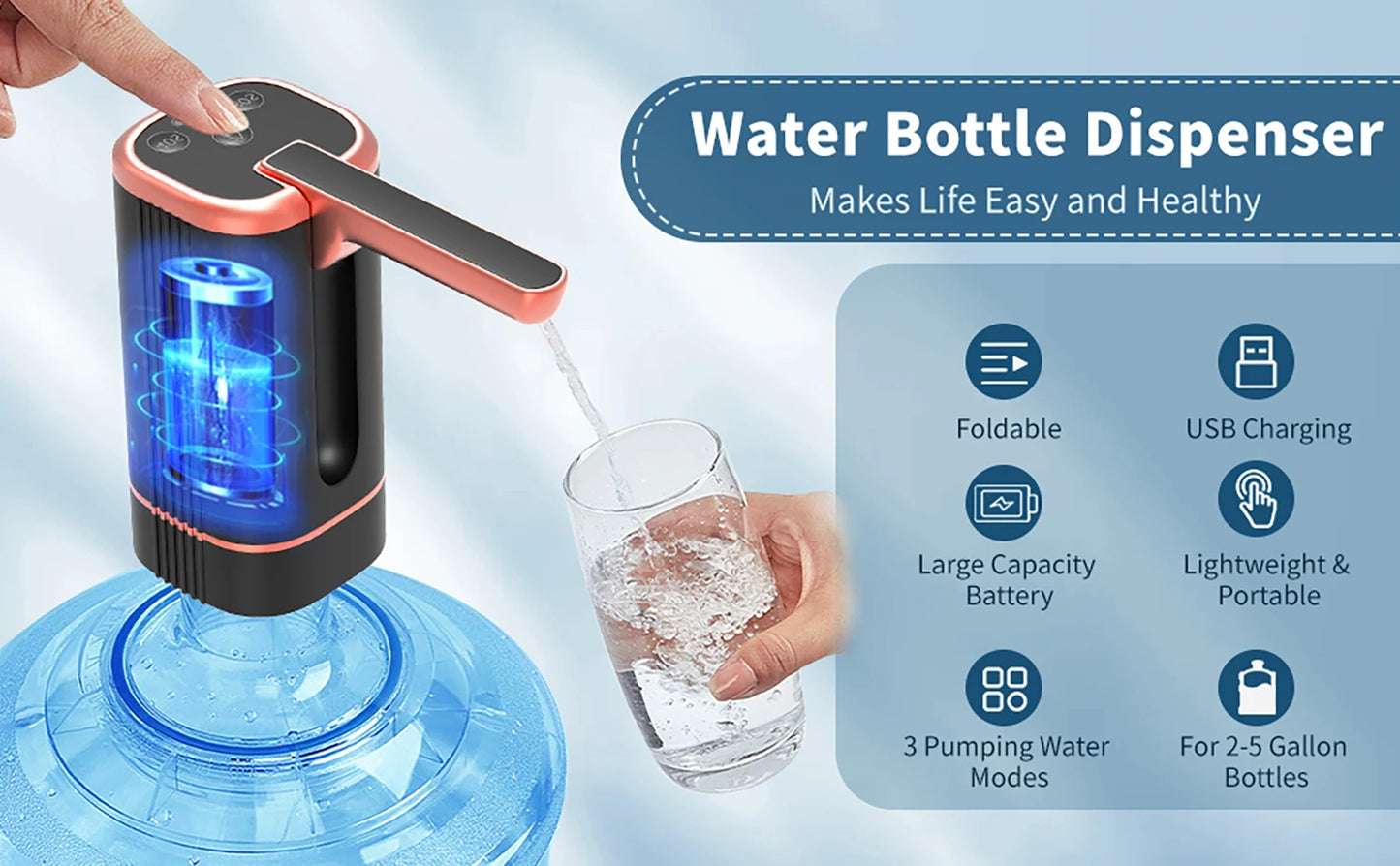 Water Dispenser Bottle Pump, Electric Water Pump for Universal 2-5 Gallon Bottle, Portable USB Charging Drinking Water Dispenser