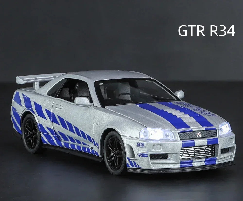 1:32 GTR R34 Skyline Fast & Furious Alloy Car Model Sound and Light Pull Back Children's Toy Collectibles Birthday Gifts