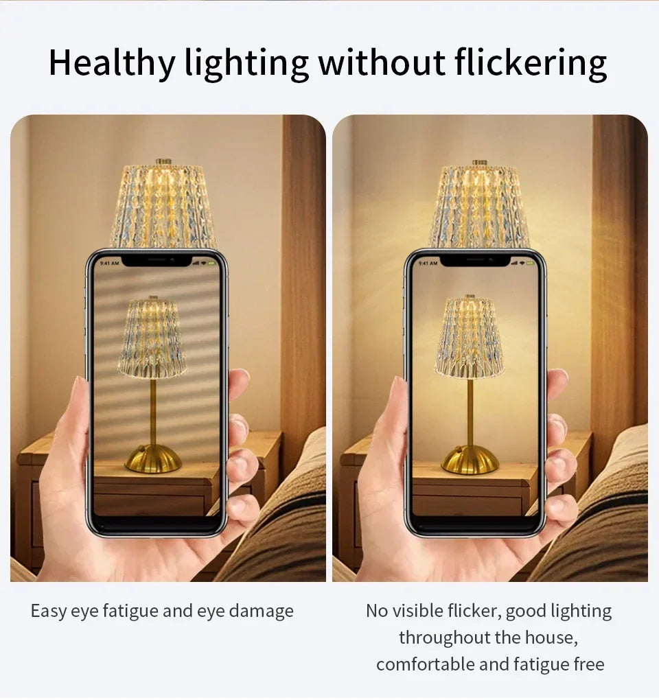 Crystal LED Table Lamp Touch Sensor Desktop Night Light Rechargeable Reading Lamp for Bedroom Bedside Hotel Bar Decor Dimmable