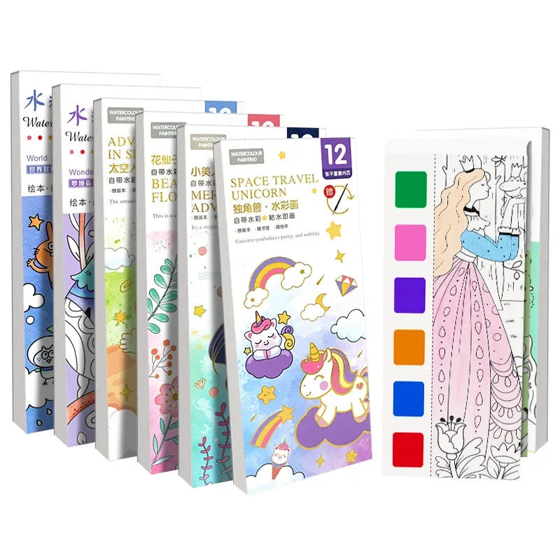 Kids Portable Watercolor Painting Book Paint With Water Brush Gouache Graffiti Picture Coloring Drawing Toys Kindergarten Gifts