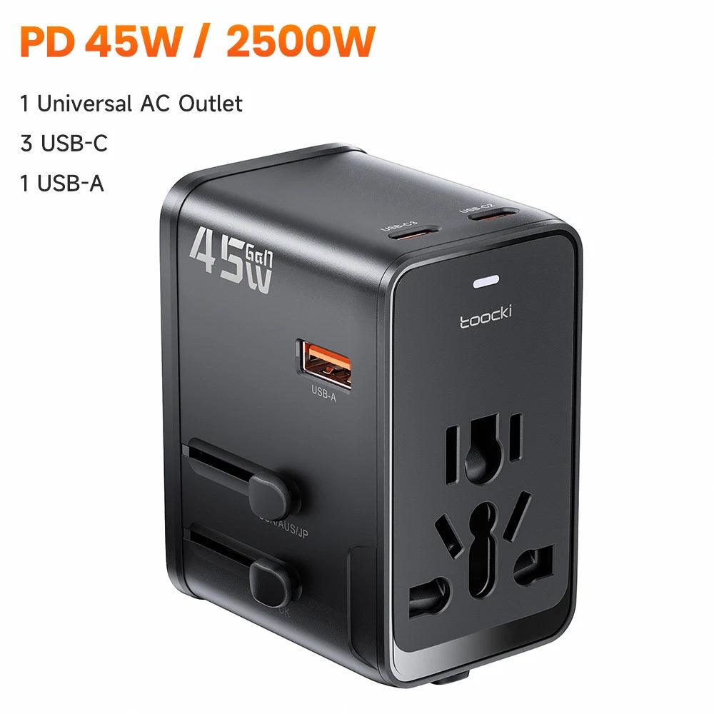 Toocki GaN Universal Travel Adapter With 3C1A 45W Fast Charging 2500W Max All-in-one Travel Charger EU/UK/USA/AUS Plug For Trave