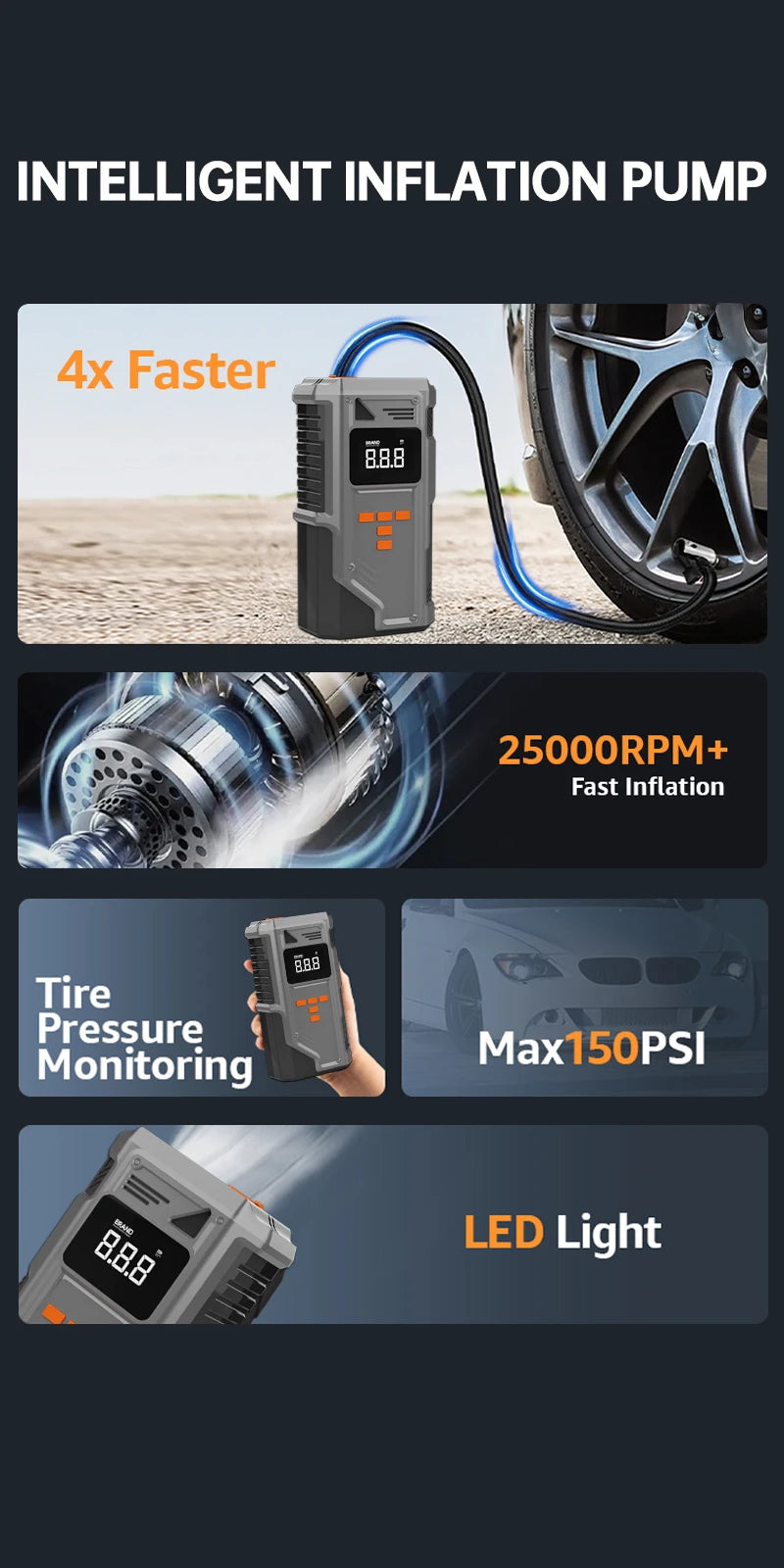 JKUOO Car Jump Starter And Air Inflator  10.2 Bar Fast Fill -40°C Low-Temp Work 12V Lead-Acid Battery with Tire Monitoring