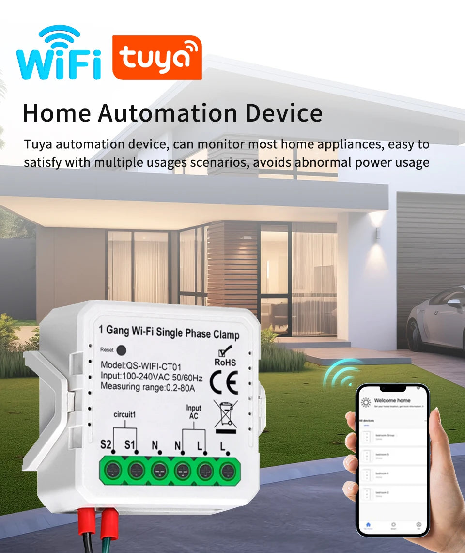 Tuya Smart Energy Monitor WiFi Energy Meter Dual Channel 80A Current Transformer Power Production Consumption Monitor Smart Home
