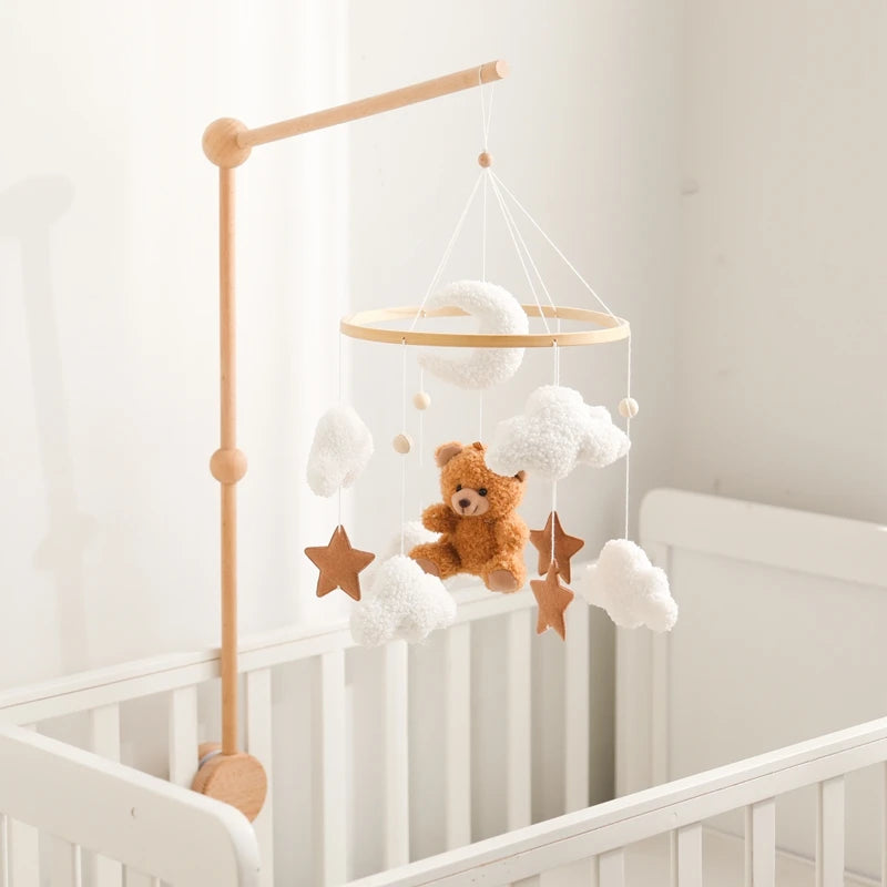 Baby Crib Mobile Rattle Toy 0-12Months Infant Soft Felt mobile Teddy Velvet Bear Bed Bell Hanging Toy Holder Bracket Crib Toy