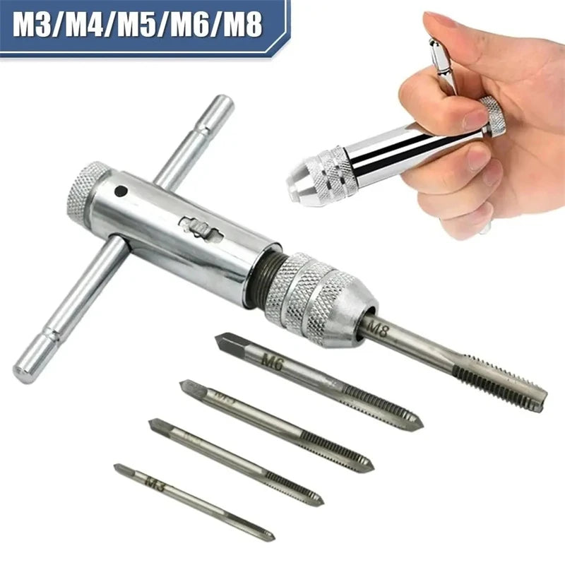 Ratchet Wrench Adjustable T-Handle Holder Tap with  M3-M8 Machine Screw Thread Metric Plug T-shaped Drill Set Workshop Hand Tool