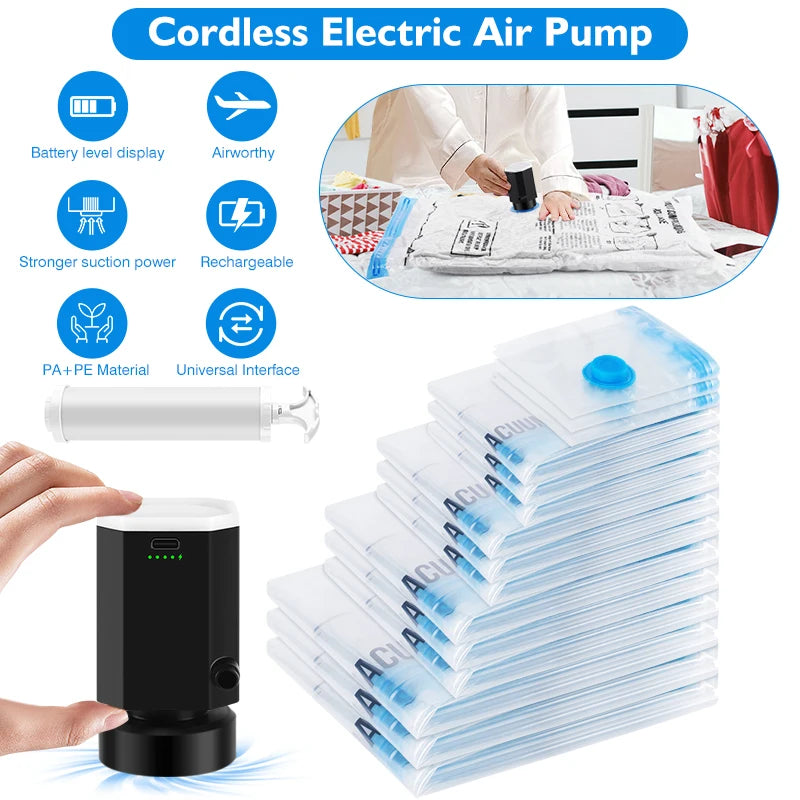 Travel Vacuum Storage Bags with Cordless Electric Pump 8-18Pc Space Saver Bag for Clothes Comforter Blanket Compressed Organizer